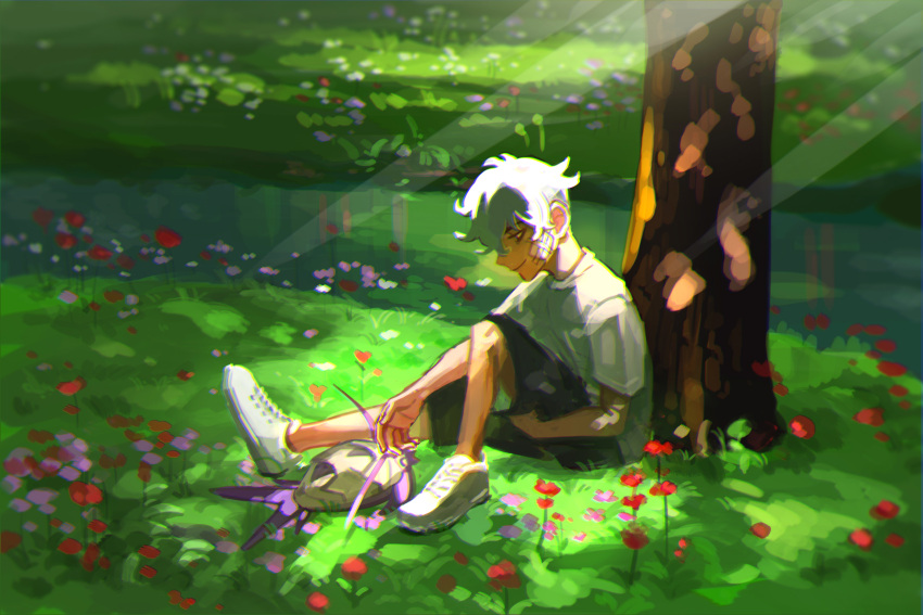 1boy bandage_on_face bandages black_shorts commentary_request day flower grass guzma_(pokemon) highres male_focus meipu_hm outdoors pokemon pokemon_(creature) pokemon_(game) pokemon_sm shirt shoes short_sleeves shorts sitting smile sneakers tree white_hair white_shirt wimpod younger