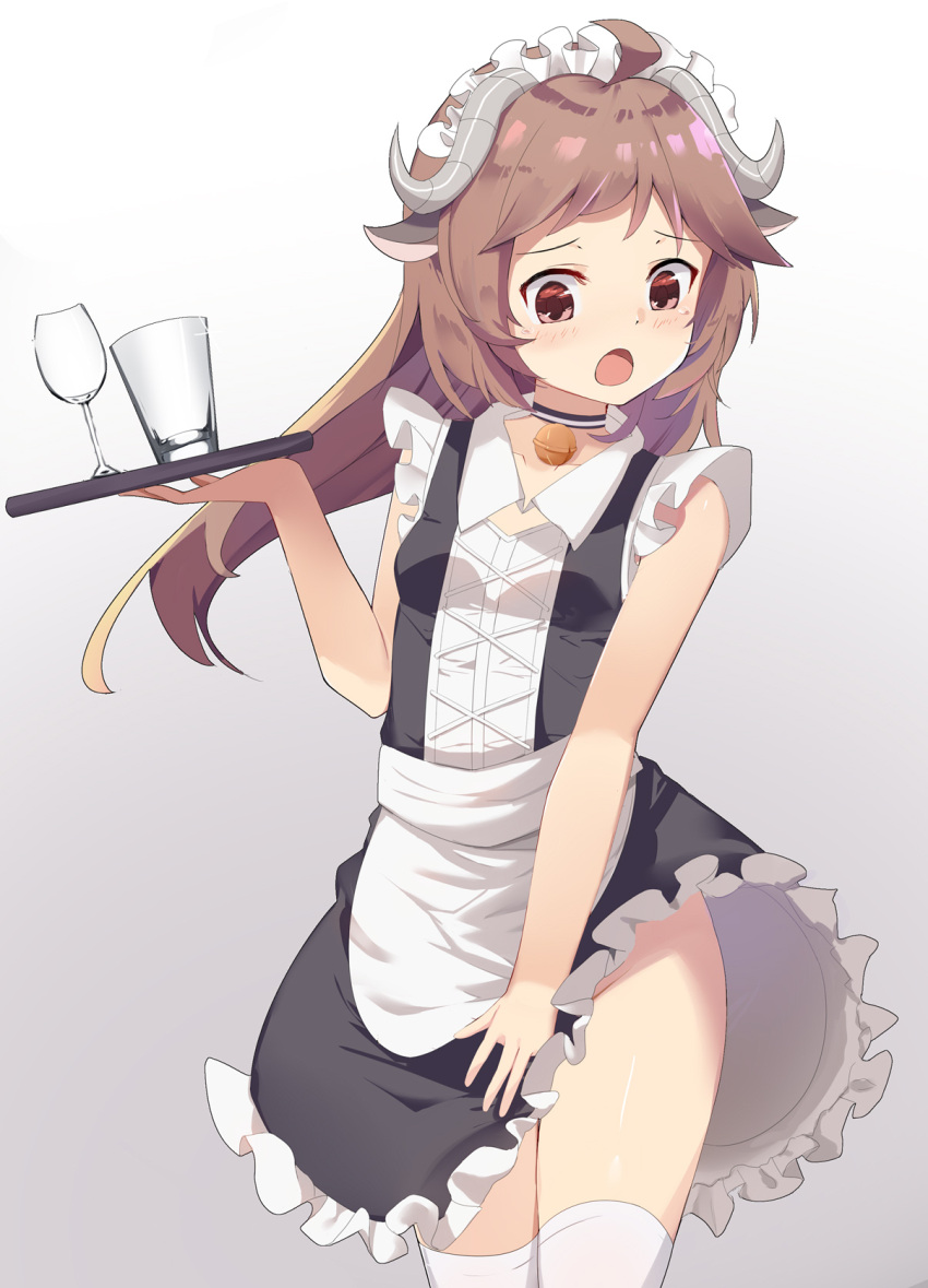 1girl ahoge alternate_costume animal_ears arknights bell black_choker black_dress brown_eyes brown_hair chinese_commentary choker commentary_request cowboy_shot d: dress embarrassed enmaided eyjafjalla_(arknights) glass grey_background groin hand_up highres holding holding_tray horns long_hair maid maid_headdress neck_bell no_panties open_mouth sakutaishi sheep_ears sheep_girl sheep_horns solo thighhighs tray white_headdress white_legwear