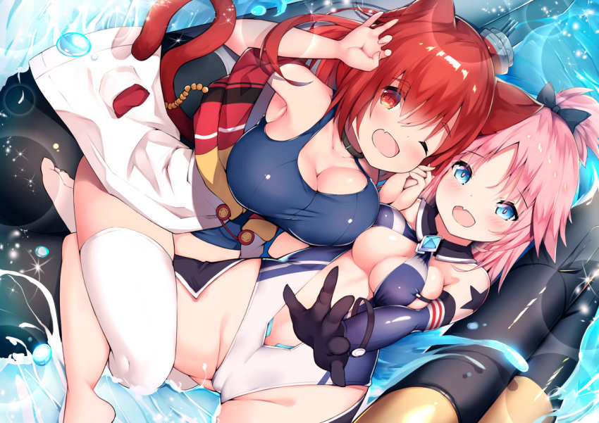 2girls animal_ears azur_lane blue_eyes blue_swimsuit breasts cameltoe center_opening cisyo dace_(azur_lane) elbow_gloves gloves i-19_(azur_lane) large_breasts medium_breasts multiple_girls one-piece_swimsuit open_mouth oppai_loli pink_hair purple_gloves red_eyes red_hair single_thighhigh swimsuit thighhighs torpedo water white_legwear