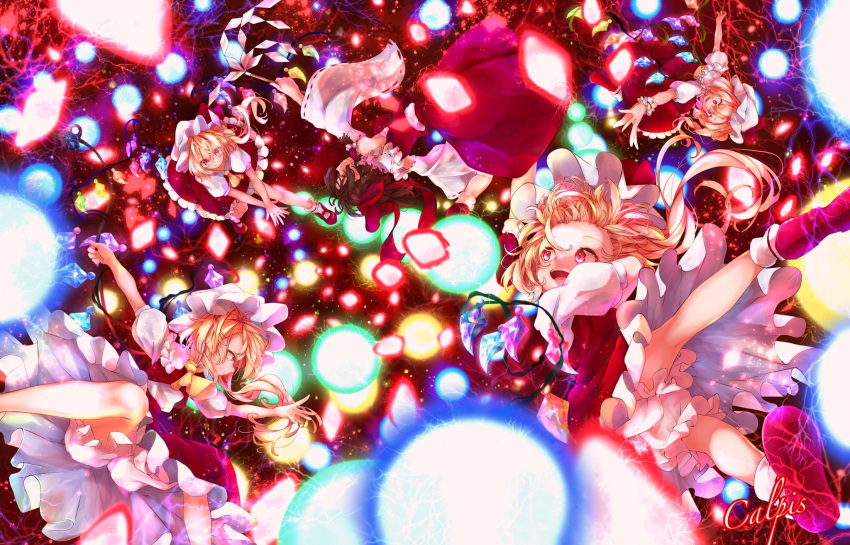 5girls aerial_battle ascot bangs battle blonde_hair bloomers blush bow brown_eyes brown_hair calpis118 closed_mouth commentary_request crystal danmaku detached_sleeves fighting flandre_scarlet four_of_a_kind_(touhou) frilled_skirt frills full_body gohei hair_bow hair_tubes hakurei_reimu hat highres holding holding_stick holding_wand laevatein_(touhou) long_hair long_sleeves mary_janes mob_cap multiple_girls nontraditional_miko open_mouth puffy_short_sleeves puffy_sleeves rainbow_order red_bow red_eyes red_footwear red_ribbon red_shirt red_skirt red_vest ribbon ribbon-trimmed_sleeves ribbon_trim sarashi shirt shoes short_sleeves signature skirt socks stick teeth touhou underwear upper_teeth vest wand white_bloomers white_headwear white_legwear white_shirt wide_sleeves wings yellow_ascot
