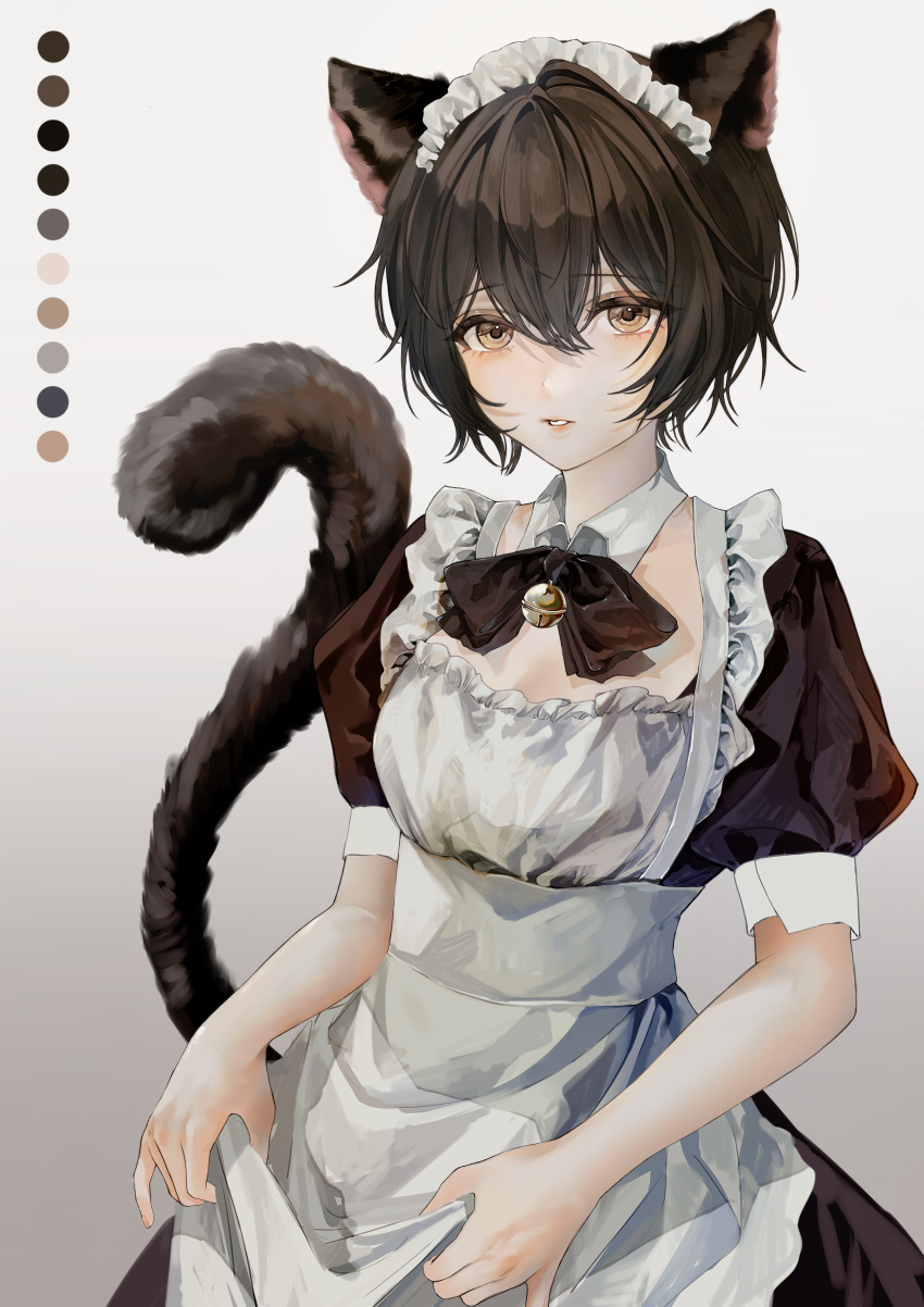 1girl absurdres animal_ears apron bell black_bow black_bowtie black_dress bow bowtie brown_eyes brown_hair cat_ears cat_girl cat_tail color_guide commentary d4dj detached_collar dress english_commentary giraffe_three gradient gradient_background grey_background highres looking_at_viewer maid maid_apron maid_headdress miyake_aoi neck_bell parted_lips puffy_short_sleeves puffy_sleeves short_hair short_sleeves skirt_hold solo tail upper_body white_apron