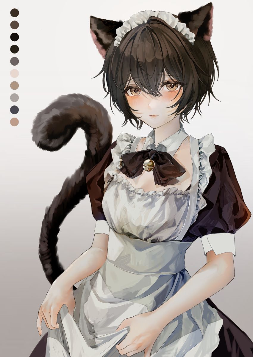 1girl absurdres animal_ears apron bell black_bow black_bowtie black_dress blush bow bowtie brown_eyes brown_hair cat_ears cat_girl cat_tail closed_mouth color_guide commentary d4dj detached_collar dress english_commentary giraffe_three gradient gradient_background grey_background highres looking_at_viewer maid maid_apron maid_headdress miyake_aoi neck_bell puffy_short_sleeves puffy_sleeves short_hair short_sleeves skirt_hold solo tail upper_body white_apron