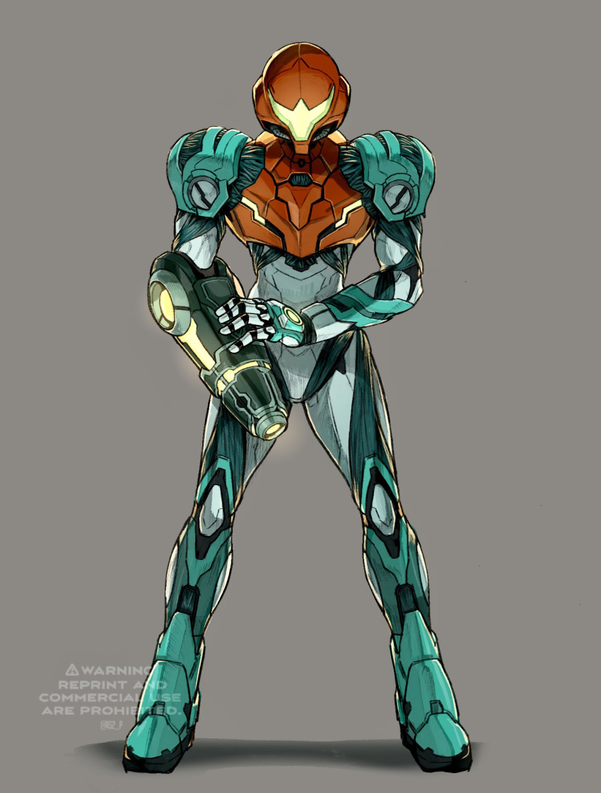1girl arm_cannon armor bodysuit glowing highres metroid metroid_dread power_armor power_suit samus_aran science_fiction simple_background solo tanaka_(is2_p) weapon