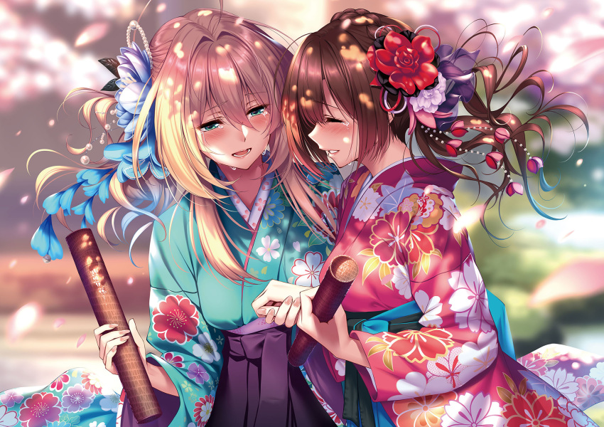 2girls blonde_hair blue_flower blurry blurry_background blush cherry_blossoms depth_of_field flower hair_between_eyes hair_flower hair_ornament hakama hakama_skirt highres holding holding_hands japanese_clothes kimono long_sleeves looking_at_another multiple_girls open_mouth original piromizu purple_hakama red_flower sad_smile skirt smile stitched tears