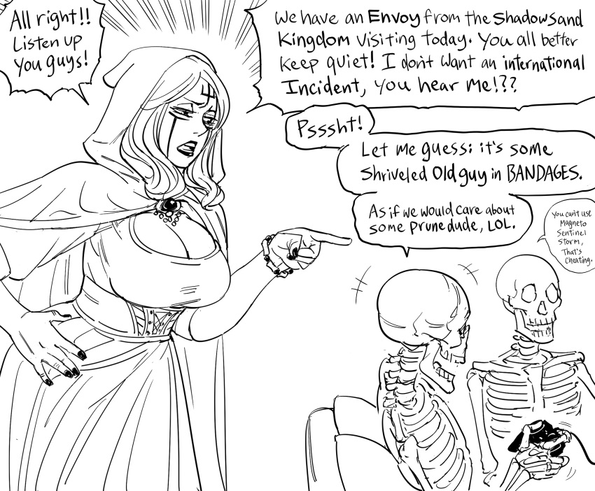 1girl 2boys bb_(baalbuddy) breasts cleavage cleavage_cutout cloak clothing_cutout commentary controller english_commentary english_text facial_tattoo game_controller greyscale highres hood hooded_cloak large_breasts marvel_vs._capcom marvel_vs._capcom_2 monochrome multiple_boys original pointing simple_background skeleton speech_bubble tattoo white_background