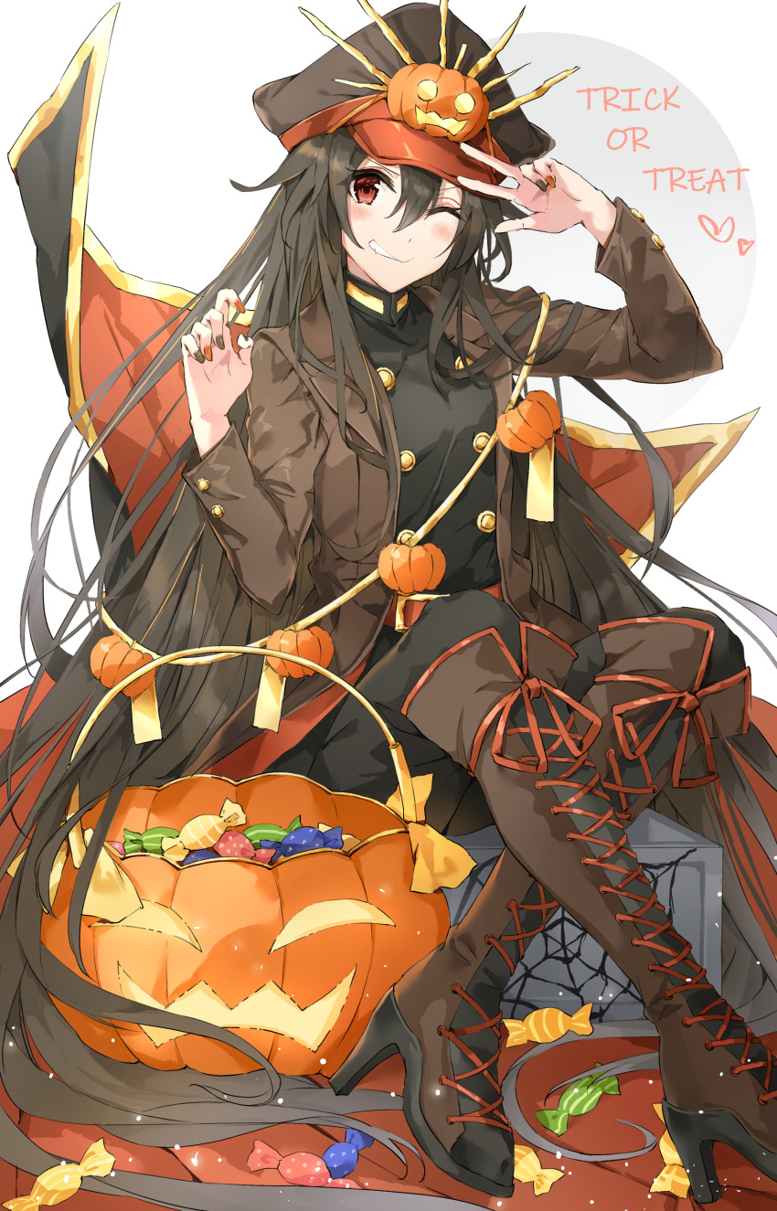 1girl absurdres belt black_hair black_nails black_pants blush boots brown_footwear c.reo candy fate/grand_order fate_(series) food gold_trim halloween halloween_bucket hand_up hat high_heels highres long_hair long_sleeves looking_at_viewer nail_polish oda_nobunaga_(fate) oda_nobunaga_(koha/ace) one_eye_closed pants pumpkin red_belt red_eyes simple_background sitting smile solo trench_coat trick_or_treat