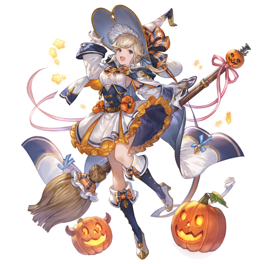 1girl arm_up bangs belt blonde_hair blue_eyes blue_footwear blue_ribbon boots breasts broom cape cleavage cleavage_cutout clothing_cutout corset cucouroux_(granblue_fantasy) detached_sleeves dress frilled_dress frills full_body gloves granblue_fantasy hair_ribbon hand_on_headwear hat high_heel_boots high_heels jack-o'-lantern looking_at_viewer medium_breasts official_alternate_costume official_art open_mouth red_ribbon ribbon sidelocks sleeveless sleeveless_dress smile solo star_(symbol) transparent_background twintails white_dress white_gloves wide_sleeves witch_hat
