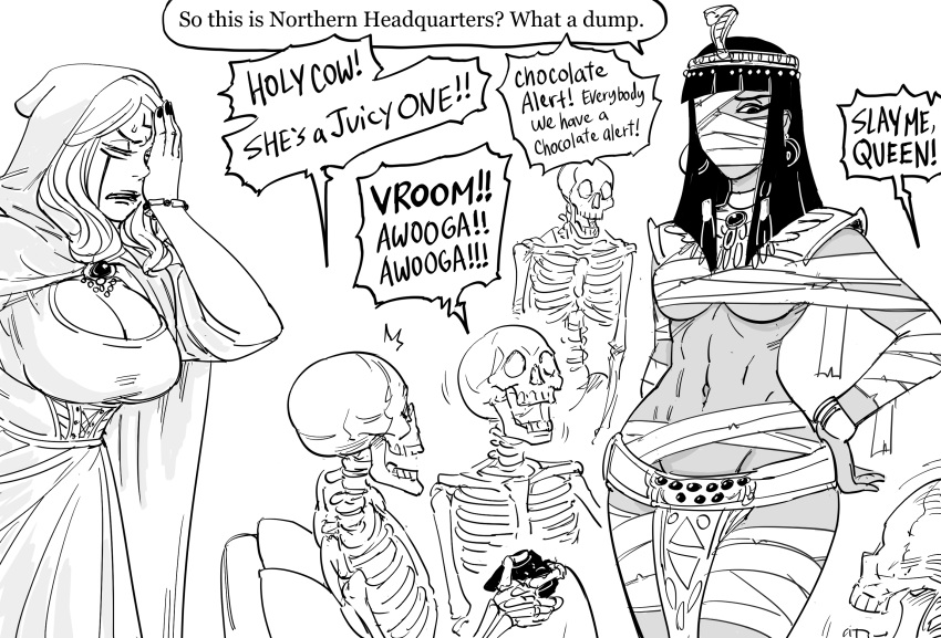 2girls 3boys abs bandages bb_(baalbuddy) breasts cleavage cleavage_cutout cloak clothing_cutout commentary controller covered_face dark-skinned_female dark_skin english_commentary english_text facepalm facial_tattoo game_controller greyscale highres hood hooded_cloak large_breasts monochrome multiple_boys multiple_girls mummy original simple_background skeleton speech_bubble tattoo underboob white_background