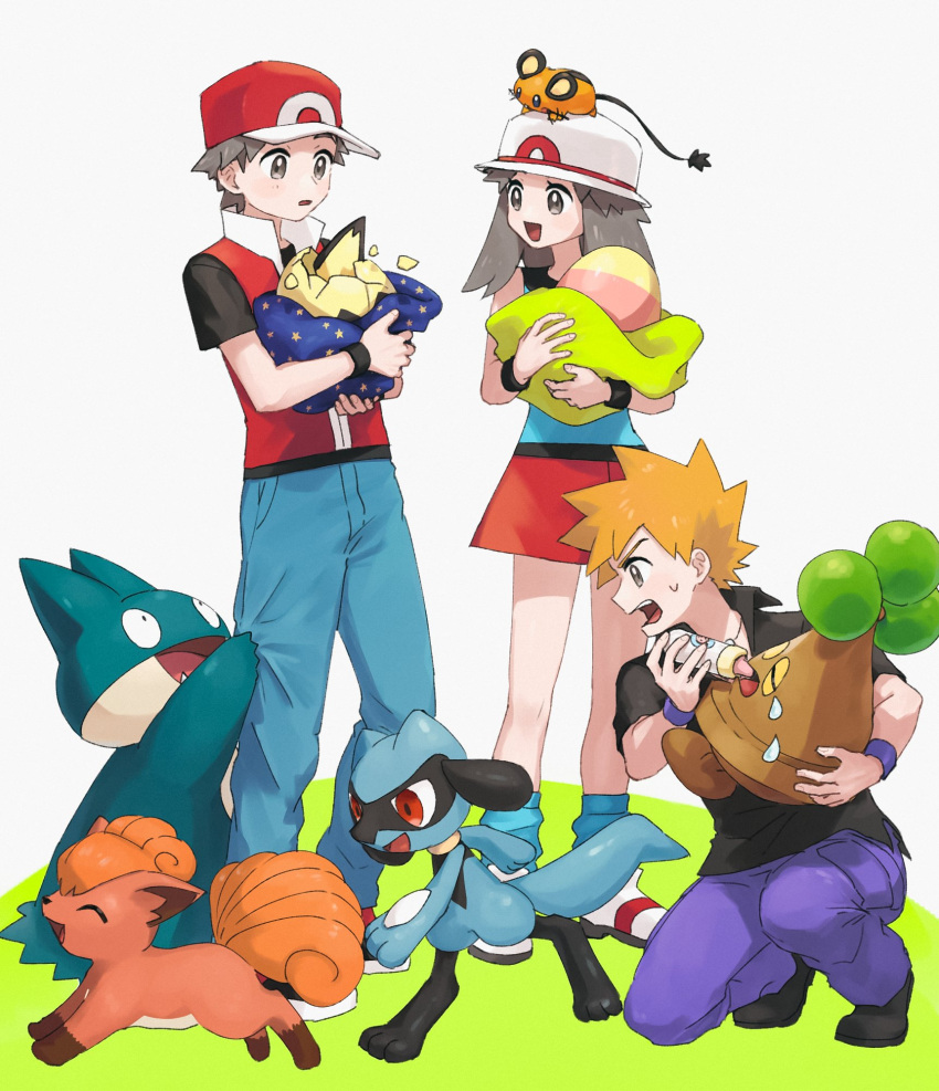 1girl 2boys :d bangs baseball_cap black_footwear black_wristband blue_legwear blue_oak blue_shirt bonsly brown_eyes brown_hair bucket_hat cargo_pants dedenne eyelashes feeding grey_asa hair_flaps hat highres holding holding_pokemon jacket leaf_(pokemon) long_hair loose_socks multiple_boys munchlax on_head open_mouth orange_hair pants pichu pokemon pokemon_(creature) pokemon_(game) pokemon_egg pokemon_frlg pokemon_on_head polo_shirt purple_pants red_(pokemon) red_headwear red_skirt riolu shirt shoes short_hair short_sleeves skirt sleeveless sleeveless_shirt smile spiked_hair standing symbol-only_commentary tongue vulpix white_footwear white_headwear wristband