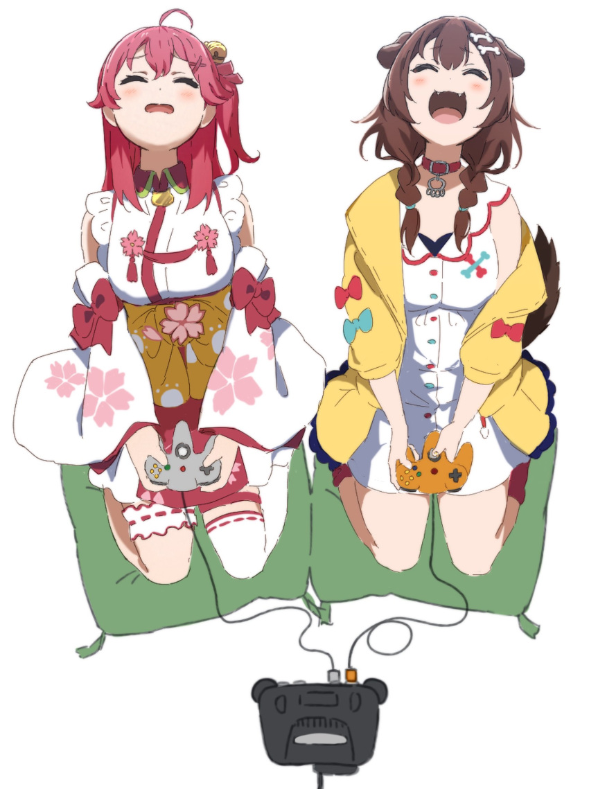 2girls ahoge animal_ears blush bone_hair_ornament braid brown_hair buttons cherry_blossom_print closed_eyes controller detached_sleeves dog_ears dog_girl fangs floral_print game_console game_controller hair_ornament hairclip highres hololive icehotmilktea inugami_korone leg_garter multiple_girls nintendo_64 nintendo_64_controller open_mouth pillow pink_hair playing_games sakura_miko single_thighhigh thighhighs twin_braids virtual_youtuber white_background white_legwear x_hair_ornament