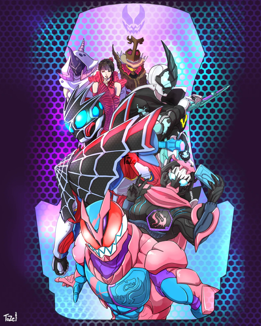 1girl aguilera_(kamen_rider_revice) animal_hood animal_print aqua_eyes armor bat bat_genome beetle black_armor blue_armor bug deadmen_(kamen_rider_revice) dress driver everyone evilblade fur_trim group_picture hat highres hood julio_(kamen_rider_revice) kamen_rider kamen_rider_demons kamen_rider_evil kamen_rider_revi kamen_rider_revice kamen_rider_vice monster multiple_boys olteca_(kamen_rider_revice) phone pink_scarf red_armor red_dress red_eyes rex_genome rhinoceros_beetle rider_belt scarf sharp_teeth silk spider_genome spider_web spider_web_print sword teeth to_ze top_hat tyrannosaurus_rex vistamp weapon