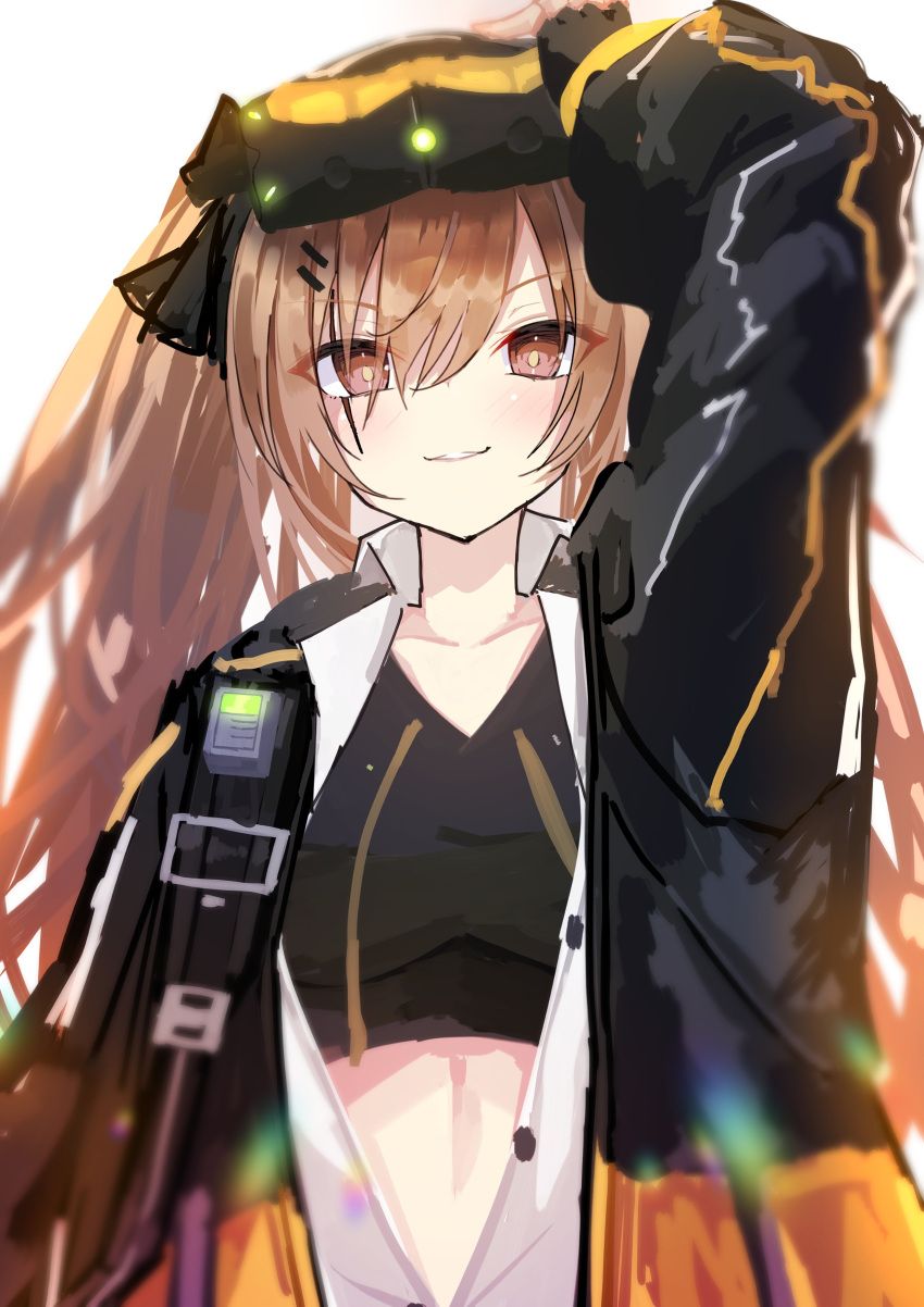 1girl absurdres adjusting_goggles arm_up brown_eyes brown_hair commentary fingerless_gloves girls'_frontline gloves goggles goggles_on_head hair_between_eyes hair_ornament hairclip heads-up_display highres jacket kamiya_mitobe looking_at_viewer midriff_peek mod3_(girls'_frontline) open_clothes open_jacket open_shirt scar scar_across_eye shirt smile solo sports_bra ump9_(girls'_frontline) upper_body v-neck white_background white_shirt
