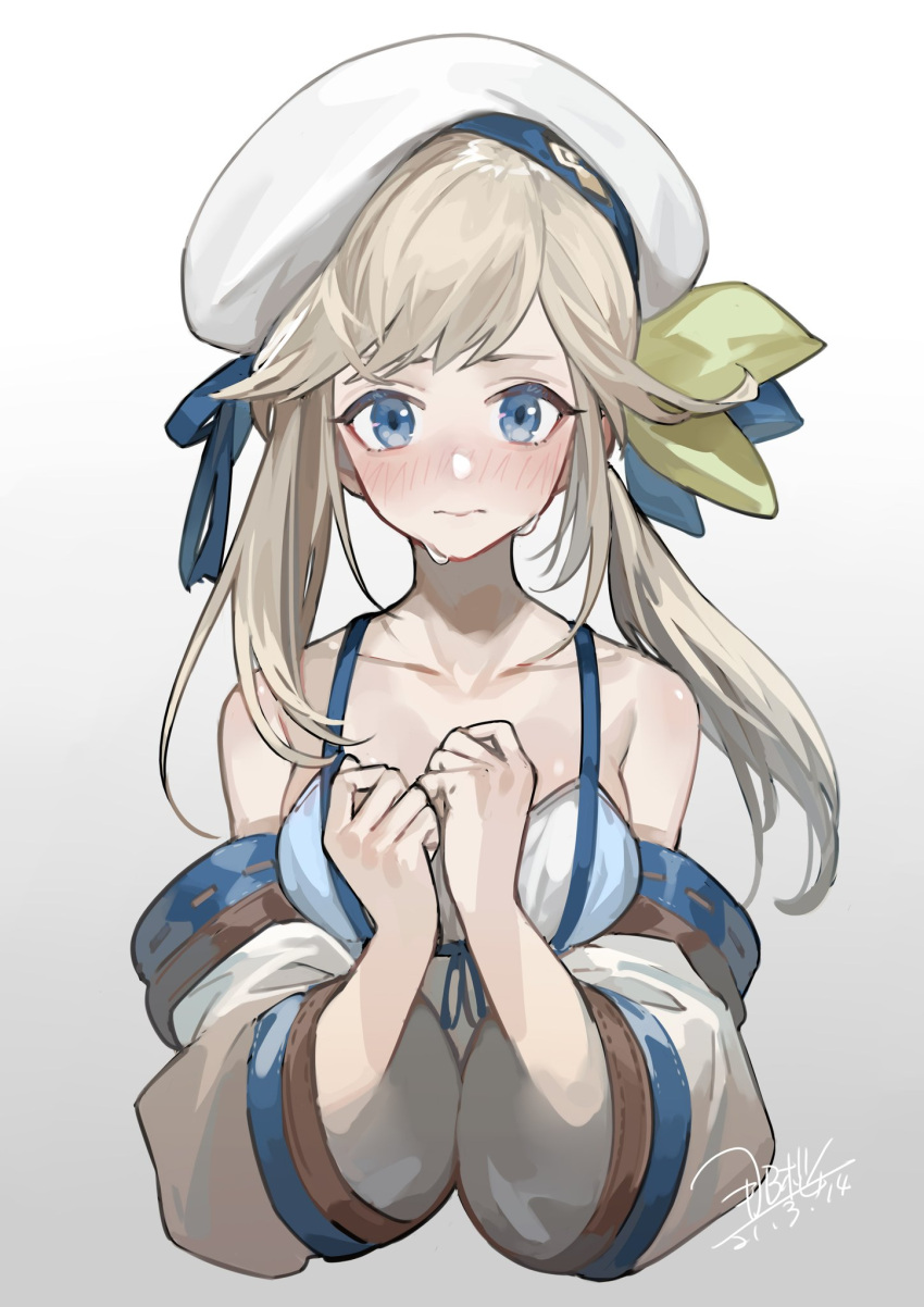 1girl beret blonde_hair blue_eyes blush collarbone cropped_torso cucouroux_(granblue_fantasy) dated gradient gradient_background granblue_fantasy hat highres looking_at_viewer off_shoulder seyana signature solo twintails wide_sleeves