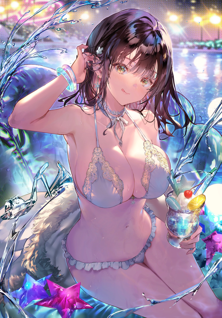 1girl :q absurdres bikini black_hair bracelet breasts choker collarbone cup food frilled_bikini frills highres hitaki_yuu holding holding_cup ice_cream jewelry large_breasts looking_at_viewer medium_hair navel original outdoors ribbon_choker sitting solo swimsuit tongue tongue_out water wet wet_hair white_bikini white_choker yellow_eyes