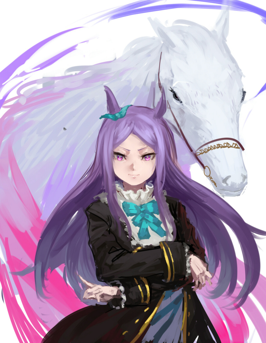 1girl animal_ears black_coat blue_bow blue_bowtie bow bowtie closed_mouth coat commentary creature_and_personification crossed_arms ear_bow green_bow green_bowtie highres horse horse_ears inishie_kumo long_hair long_sleeves looking_at_viewer mejiro_mcqueen_(racehorse) mejiro_mcqueen_(umamusume) purple_eyes purple_hair smile solo umamusume