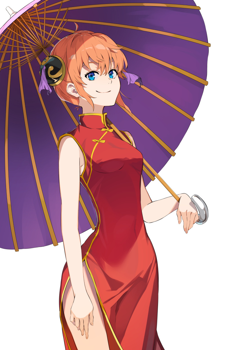 1girl ahoge bangs blue_eyes breasts brown_hair china_dress chinese_clothes closed_mouth cowboy_shot double_bun dress gintama hair_between_eyes highres holding holding_umbrella ibaraki_shun kagura_(gintama) medium_breasts oil-paper_umbrella purple_umbrella red_dress shiny shiny_hair short_hair side_slit simple_background sleeveless sleeveless_dress smile solo standing umbrella white_background