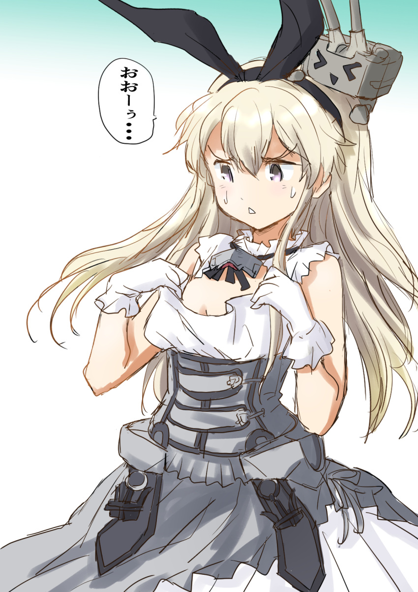 1girl blonde_hair breast_conscious cleavage_cutout clothing_cutout commentary_request conte_di_cavour_(kancolle) conte_di_cavour_(kancolle)_(cosplay) corset cosplay cowboy_shot creature_on_head dress flat_chest frilled_dress frills fuji_(pixiv24804665) gloves grey_dress grey_eyes highres kantai_collection layered_dress long_hair rensouhou-chan shimakaze_(kancolle) two-tone_dress white_dress white_gloves