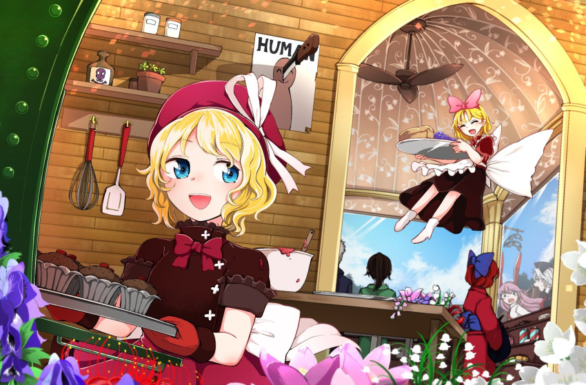 1boy 5girls :d animal_ears back_bow baking bangs blonde_hair blue_bow blue_eyes blue_sky blush bow bowl ceiling closed_eyes cupcake dress_bow english_text floating flower food hair_bow happy hat hat_ribbon japanese_clothes kaisenpurin kimono knife long_hair long_sleeves medicine_melancholy multiple_girls necktie nurse_cap obi open_mouth poison poster_(object) rabbit_ears red_bow red_hair red_headwear red_kimono red_necktie reisen_udongein_inaba ribbon sash sekibanki shirt short_hair short_sleeves sky smile su-san table touhou white_ribbon white_shirt wide_sleeves yagokoro_eirin