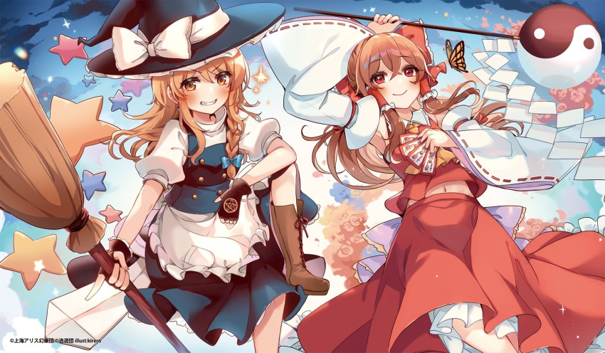 2girls apron arm_up armpits ascot bangs between_fingers black_gloves black_headwear black_skirt black_vest blush boots bow broom brown_eyes brown_footwear brown_hair commentary_request detached_sleeves fingerless_gloves frilled_apron frills gloves gohei hair_bow hair_tubes hakurei_reimu hat highres kirero kirisame_marisa long_hair long_sleeves looking_at_viewer multiple_girls navel no_nose ofuda orb puffy_short_sleeves puffy_sleeves red_bow red_skirt red_vest ribbon ribbon-trimmed_sleeves ribbon_trim shirt short_sleeves skirt smile touhou vest white_apron white_shirt wide_sleeves witch_hat yellow_ascot yin_yang yin_yang_orb