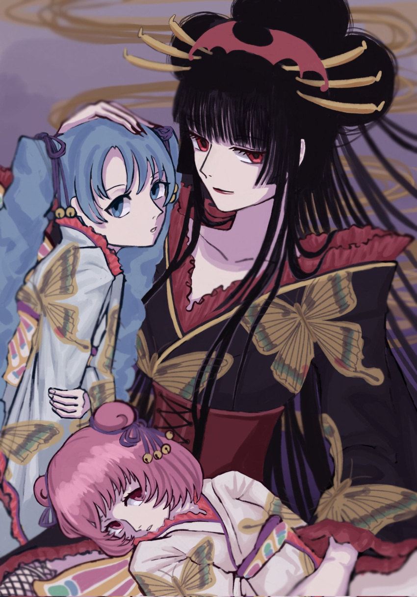 3girls animal_print bangs black_hair blue_eyes blue_hair blue_kimono butterfly_print collarbone eyebrows_visible_through_hair hair_ornament hand_on_another's_head highres ichihara_yuuko japanese_clothes kimono long_hair looking_at_viewer maru_(xxxholic) moro multiple_girls pink_eyes pink_hair pink_kimono raisehanekotan red_eyes short_hair twintails xxxholic