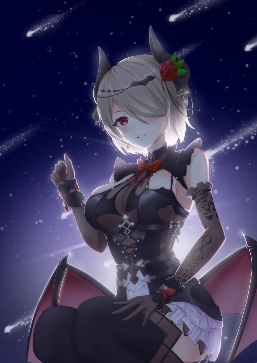 1girl absurdres bangs black_gloves black_legwear breasts brown_hair cleavage demon_wings diaoyidimaomao elbow_gloves falling_star flower gloves grin hair_ornament hair_over_one_eye hair_ribbon halloween halloween_costume highres honkai_(series) honkai_impact_3rd looking_at_viewer mole mole_under_eye night night_sky open_mouth outdoors purple_eyes red_flower red_rose ribbon rita_rossweisse rita_rossweisse_(umbral_rose) rose short_hair sky sleeveless smile solo teeth thighhighs wings