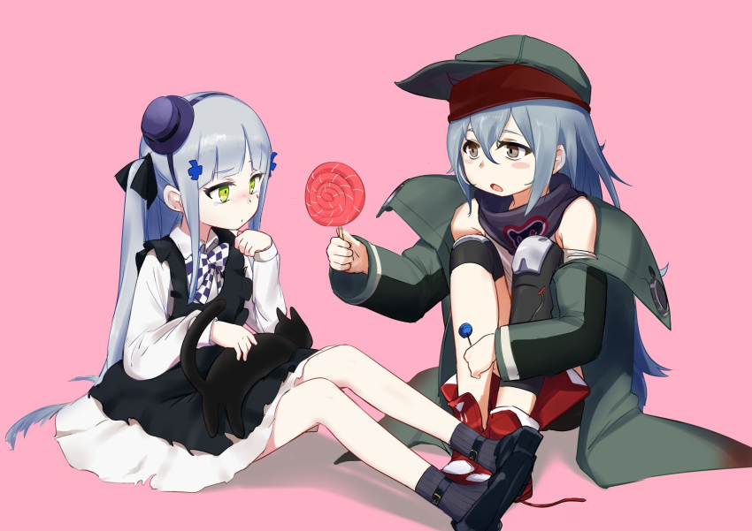 2girls animal_on_lap apron black_apron black_cat blush blush_stickers bow bowtie candy cat cat_on_lap checkered checkered_neckwear collared_shirt commentary food frilled_apron frills full_body g11_(girls'_frontline) girls'_frontline giving green_eyes green_jacket grey_hair hair_between_eyes hair_ornament hat highres hk416_(girls'_frontline) jacket knee_pads lollipop long_hair mini_hat multiple_girls off_shoulder official_alternate_costume open_mouth pink_background sanderson shirt shoes simple_background sitting socks tears younger