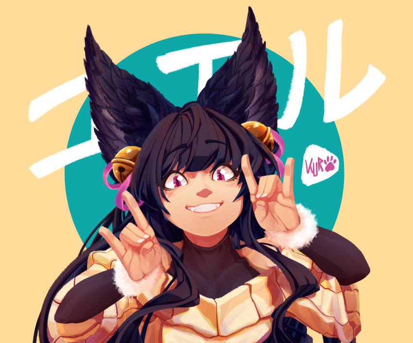 1girl absurdres animal_ears background_text bangs bell black_hair blush bodysuit collarbone double_fox_shadow_puppet erune eyebrows_visible_through_hair fangs fox_ears fox_shadow_puppet fur-trimmed_sleeves fur_trim granblue_fantasy grin hair_bell hair_ornament hair_ribbon hands_up highres kuroqueta long_hair looking_at_viewer purple_eyes ribbon sidelocks signature smile solo sweater translation_request two-tone_background upper_body yuel_(granblue_fantasy)