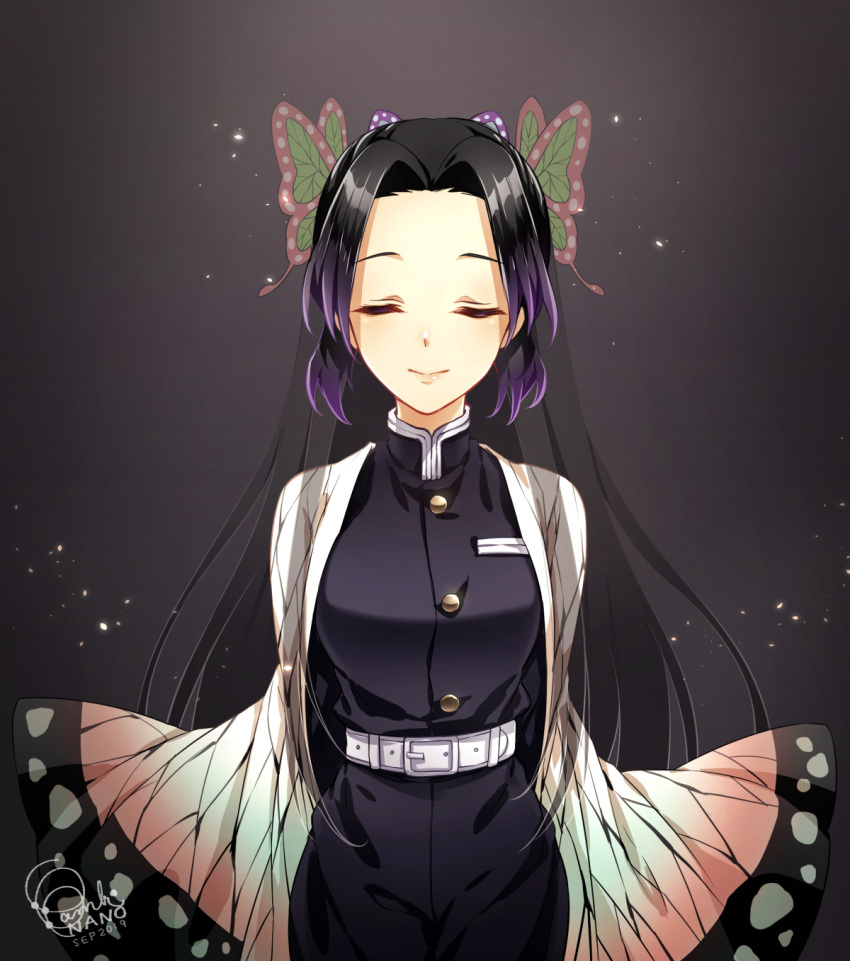 2019 2girls back-to-back bambi_nano belt belt_buckle black_hair black_jacket black_pants buckle butterfly_hair_ornament closed_eyes closed_mouth facing_viewer gradient_hair hair_intakes hair_ornament haori highres jacket japanese_clothes kimetsu_no_yaiba kochou_kanae kochou_shinobu multicolored_hair multiple_girls pants purple_hair shiny shiny_hair short_hair signature standing uniform white_belt