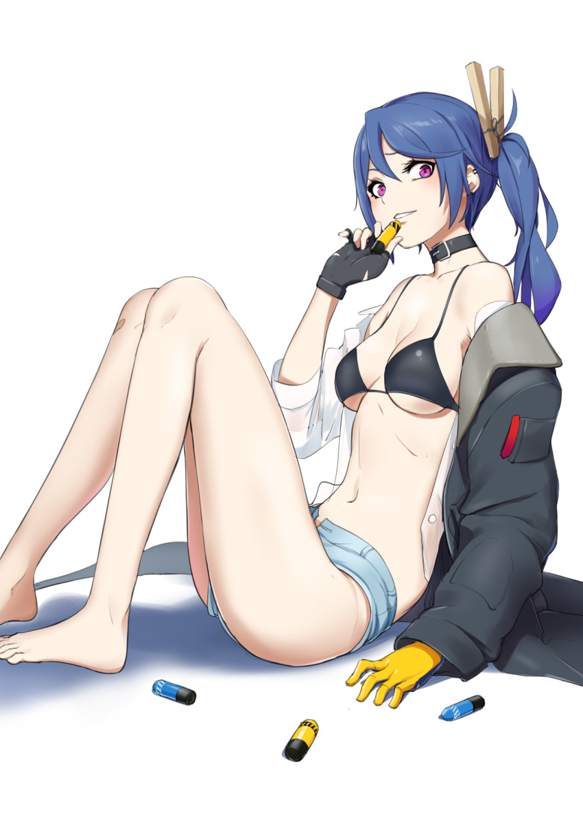 1girl asymmetrical_gloves barefoot bikini bikini_top black_bikini blue_hair breasts choker coat collared_shirt commentary denim denim_shorts ear_piercing explosive feet foot_out_of_frame girls'_frontline gloves gradient_hair hair_between_eyes hair_ornament highres holding k11_(girls'_frontline) long_sleeves looking_at_viewer medium_breasts mismatched_gloves multicolored_hair navel open_clothes open_coat open_fly open_shirt piercing purple_eyes sanderson shirt shorts side_ponytail sitting solo swimsuit toes white_background white_shirt