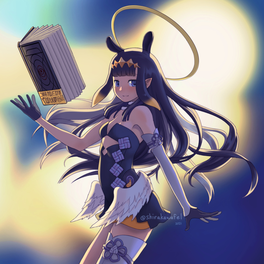 1girl animal_ears ao-chan_(ninomae_ina'nis) bangs black_eyes black_hair blunt_bangs book breasts cleavage commentary english_commentary extra_ears eyebrows_visible_through_hair feathered_wings floating floating_book floating_object halo highres hololive hololive_english long_hair looking_at_viewer low_wings ninomae_ina'nis pointy_ears shirakawafel sidelocks single_sleeve single_thighhigh solo tentacles thighhighs twitter_username virtual_youtuber white_wings wings zettai_ryouiki