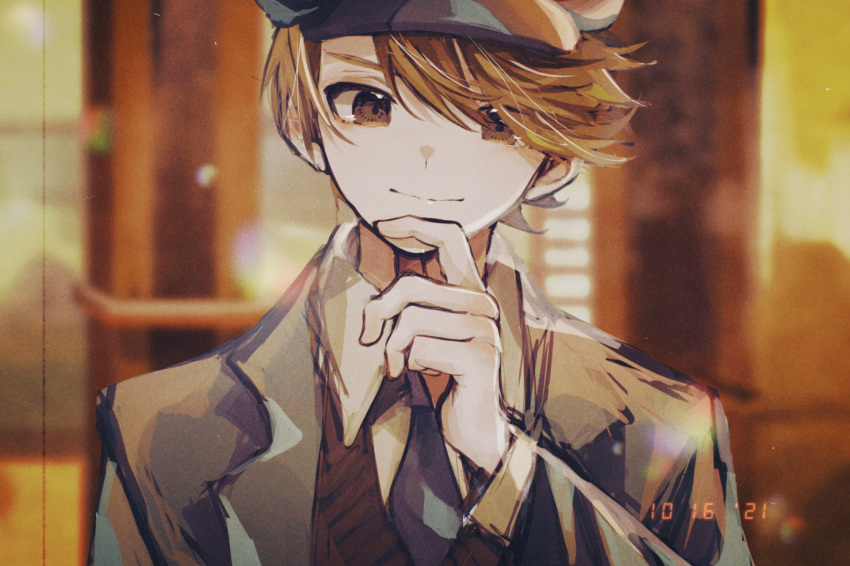 1boy blurry blurry_background brown_eyes brown_hair dated formal hand_up highres long_sleeves looking_at_viewer luke_triton male_focus necktie professor_layton short_hair simple_background smile solo suit u-sama_(u_summer0719)