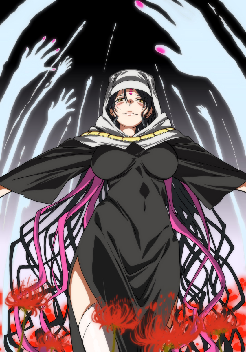 1girl black_hair breasts facial_mark fate/extra fate/extra_ccc fate/grand_order fate_(series) flower forehead_mark habit highres jewelry long_hair looking_at_viewer multicolored_hair necklace nun outstretched_arms pink_hair red_flower sesshouin_kiara smirk solo spread_arms standing thighhighs veil white_legwear wide_sleeves yellow_eyes yuukami_(wittsu)