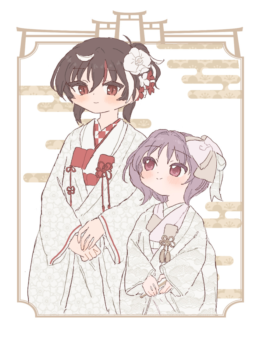 2girls alternate_costume bangs black_hair blush border bow bride checkered closed_mouth commentary_request couple dot_nose egasumi eyebrows_visible_through_hair facing_viewer feet_out_of_frame floral_print flower hair_bow hair_flower hair_ornament height_difference highres japanese_clothes kijin_seija kimono long_sleeves looking_at_another multiple_girls own_hands_together purple_hair red_eyes red_flower sakurasaka shiromuku short_hair smile sukuna_shinmyoumaru torii touhou uchikake unmoving_pattern wedding white_bow white_flower white_kimono wide_sleeves wife_and_wife yuri