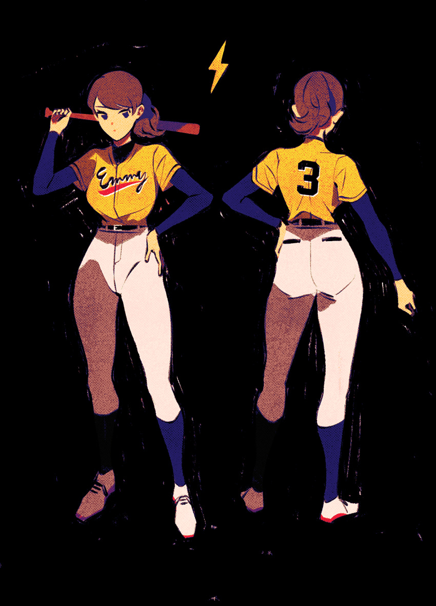 1girl baseball_bat baseball_uniform black_background brown_hair character_name hand_on_hip highres holding holding_baseball_bat karo-ta_(krt033) lightning_bolt_symbol long_hair long_sleeves multiple_views ponytail professor_layton remi_altava simple_background sportswear standing