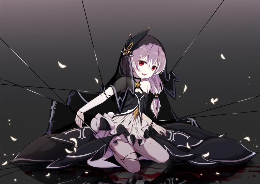 1girl bangs dress feathers fufumi full_body hair_between_eyes headdress highres honkai_(series) honkai_impact_3rd long_hair nun red_eyes reflection seiza side_ponytail sitting sleeveless sleeveless_dress solo theresa_apocalypse white_hair