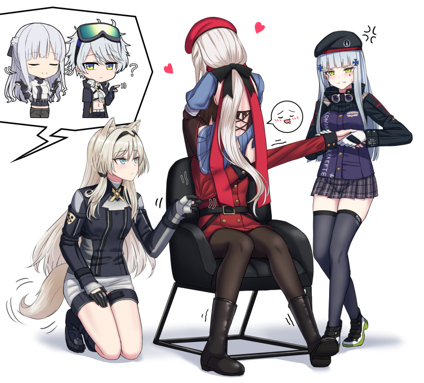 6+girls 9a-91_(girls'_frontline) ? ak-12_(girls'_frontline) an-94_(girls'_frontline) anger_vein animal_ears bangs belt beret black_footwear black_hairband black_headwear black_legwear blue_eyes blunt_bangs blush boots chair closed_eyes closed_mouth commentary_request commission eyebrows_visible_through_hair eyewear_on_head female_commander_(girls'_frontline) girls'_frontline gloves goggles goggles_around_neck green_eyes hair_between_eyes hairband hat heart highres hk416_(girls'_frontline) jacket long_hair long_sleeves multiple_girls pantyhose plaid plaid_skirt pleated_skirt red_headwear silver_hair simple_background sitting skeb_commission skirt spoken_character standing svch_(girls'_frontline) tail thighhighs very_long_hair white_background yakob_labo