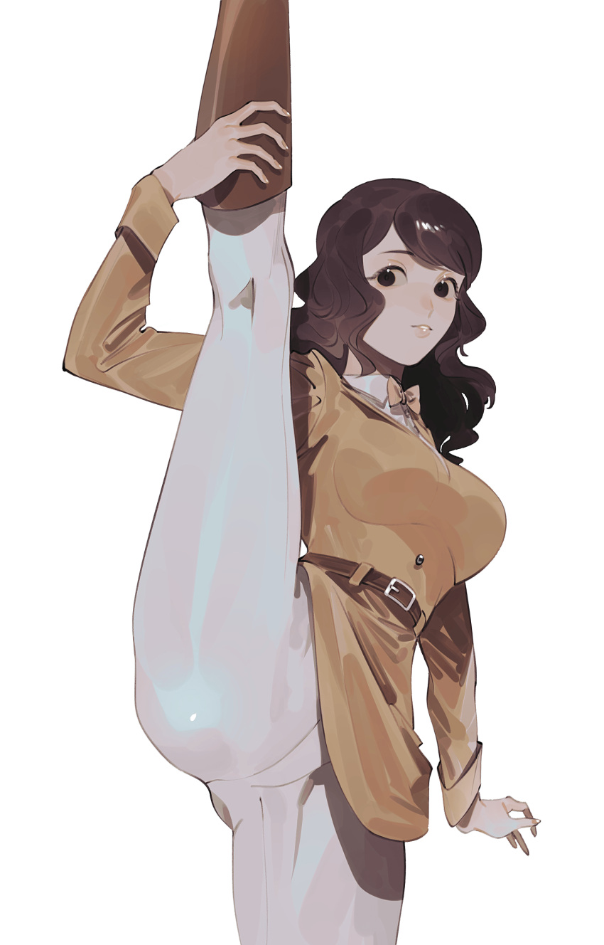 1girl absurdres belt black_eyes boots breasts brown_footwear brown_hair highres karo-ta_(krt033) leg_up long_sleeves looking_at_viewer medium_breasts professor_layton remi_altava shirt simple_background smile split standing standing_on_one_leg standing_split white_background yellow_shirt