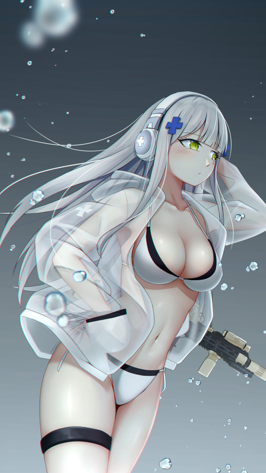 1girl absurdres arm_behind_head assault_rifle bangs bikini blush breasts cleavage closed_mouth collarbone crossed_bangs eyebrows_visible_through_hair feet_out_of_frame girls'_frontline green_eyes gun h&amp;k_hk416 hand_in_pocket headphones highres hk416_(girls'_frontline) long_hair looking_away medium_breasts navel rifle rifle_on_back silver_hair solo standing swimsuit teardrop teardrop_facial_mark teardrop_tattoo water_drop weapon white_bikini white_swimsuit wo_you_yibei_jia_wanli