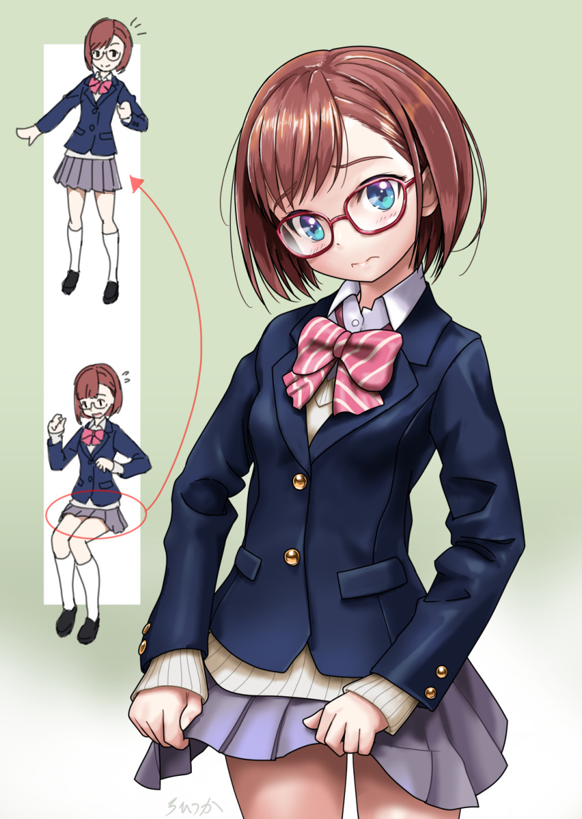 1girl arrow_(symbol) bangs black_jacket blazer blue_eyes blush bow brown_hair brown_sweater closed_mouth collared_shirt commentary_request diagonal-striped_bow dress_shirt eyebrows_visible_through_hair glasses grey_skirt highres jacket long_sleeves multiple_views pink_bow pleated_skirt red-framed_eyewear rohitsuka school_uniform shirt short_hair signature skirt skirt_hold sleeves_past_wrists smile sousai_shoujo_teien standing sweater takanashi_koyomi wavy_mouth white_shirt