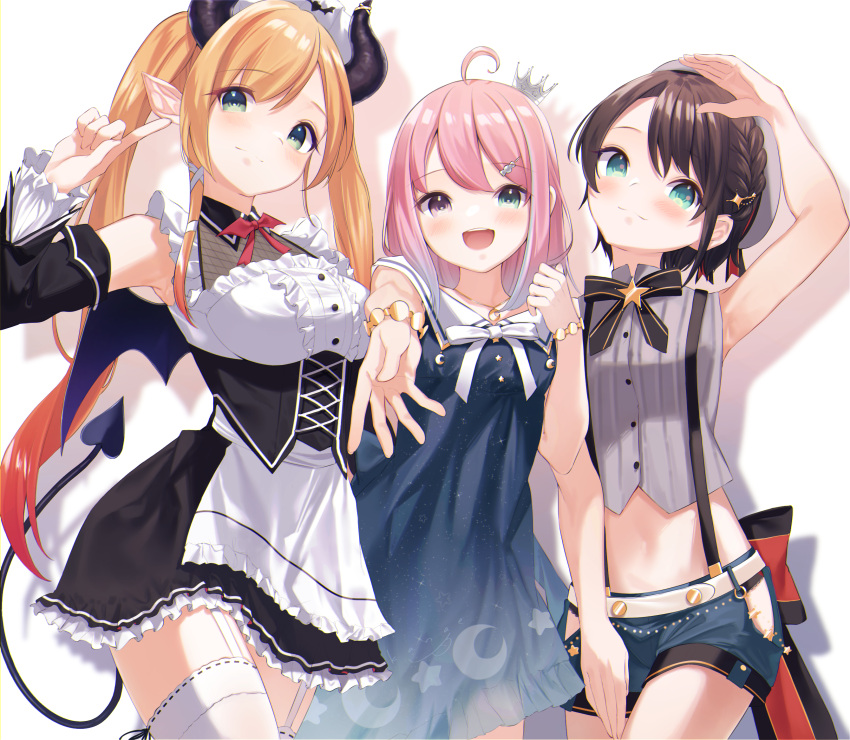 3girls :d ahoge apron aqua_eyes bangs black_bow black_dress blonde_hair blue_dress blue_hair blue_shorts bow bracelet braid breasts brown_hair closed_mouth commentary_request crescent_print crop_top crown demon_girl demon_horns demon_tail detached_sleeves dress eyebrows_visible_through_hair frilled_apron frilled_dress frills garter_straps gradient_hair green_eyes grey_shirt hair_ribbon heterochromia highres himemori_luna hololive horns jewelry kanae_(inorin05kanae) long_hair long_sleeves looking_at_viewer maid medium_breasts mini_crown multicolored_hair multiple_girls oozora_subaru open_mouth orange_hair outstretched_arm pink_hair pointy_ears purple_eyes reaching_out revision ribbon ribbon-trimmed_legwear ribbon_trim sailor_collar shirt short_hair short_shorts shorts sleeveless sleeveless_dress sleeveless_shirt smile star_(symbol) star_print starry_sky_print suspender_shorts suspenders tail thighhighs twintails virtual_youtuber white_apron white_bow white_legwear white_sailor_collar yuzuki_choco