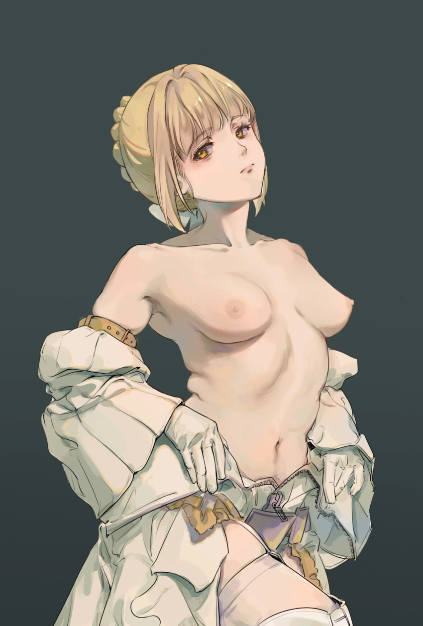 1girl artoria_pendragon_(fate) bare_shoulders blonde_hair breasts breasts_apart chinese_commentary cosplay cowboy_shot detached_sleeves fate/extra fate/extra_ccc fate/stay_night fate_(series) gloves hair_ribbon highres nero_claudius_(bride)_(fate) nero_claudius_(bride)_(fate)_(cosplay) nero_claudius_(fate) nipples no_bra orange_eyes ribbon saber_alter simple_background skindentation small_breasts solo standing thighhighs undressing white_gloves white_legwear yi_gan_fengyue