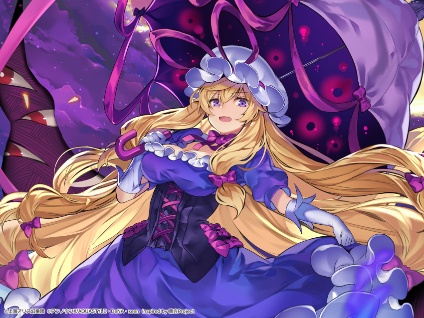 1girl bangs blonde_hair blush bow breasts cloud cloudy_sky commentary_request corset dress elbow_gloves gap_(touhou) gloves hair_ribbon highres holding holding_umbrella karlwolf large_breasts long_hair looking_at_viewer open_mouth pink_bow puffy_short_sleeves puffy_sleeves purple_dress purple_eyes red_eyes red_ribbon ribbon short_sleeves sky solo standing touhou touhou_danmaku_kagura tress_ribbon umbrella umbrella_bow upper_body white_gloves yakumo_yukari