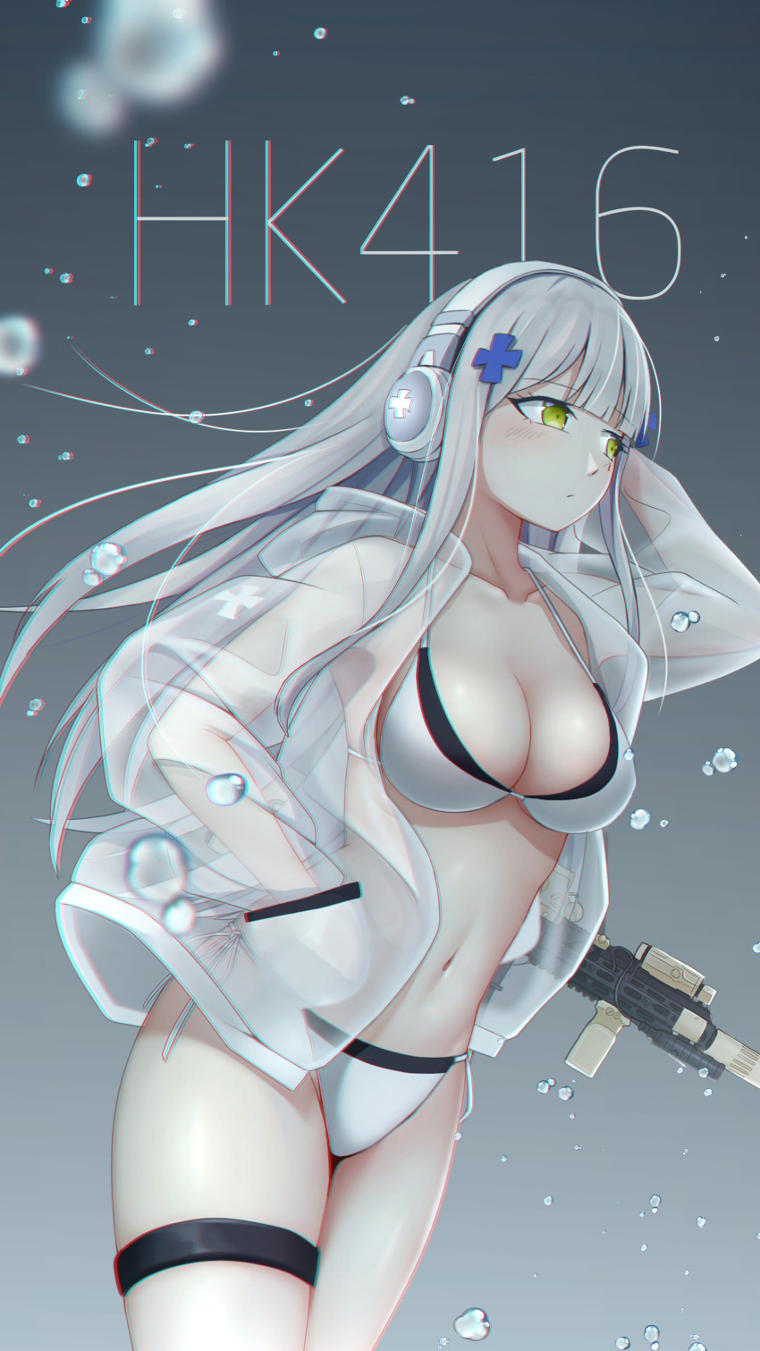 1girl absurdres arm_behind_head assault_rifle bangs bikini blush breasts character_name cleavage closed_mouth collarbone crossed_bangs eyebrows_visible_through_hair feet_out_of_frame girls'_frontline green_eyes gun h&amp;k_hk416 hand_in_pocket headphones highres hk416_(girls'_frontline) long_hair looking_away medium_breasts navel rifle rifle_on_back silver_hair solo standing swimsuit teardrop teardrop_facial_mark teardrop_tattoo water_drop weapon white_bikini white_swimsuit wo_you_yibei_jia_wanli