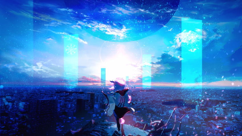 1other ambiguous_gender blue_sky blue_theme city cityscape cloud cloudy_sky commentary facing_away glitch highres hood hoodie kyuko2go lens_flare original outdoors planet reaching_out satellite scenery short_hair sky sleeves_past_wrists solo sunlight twilight white_hair white_hoodie wide_image wide_shot