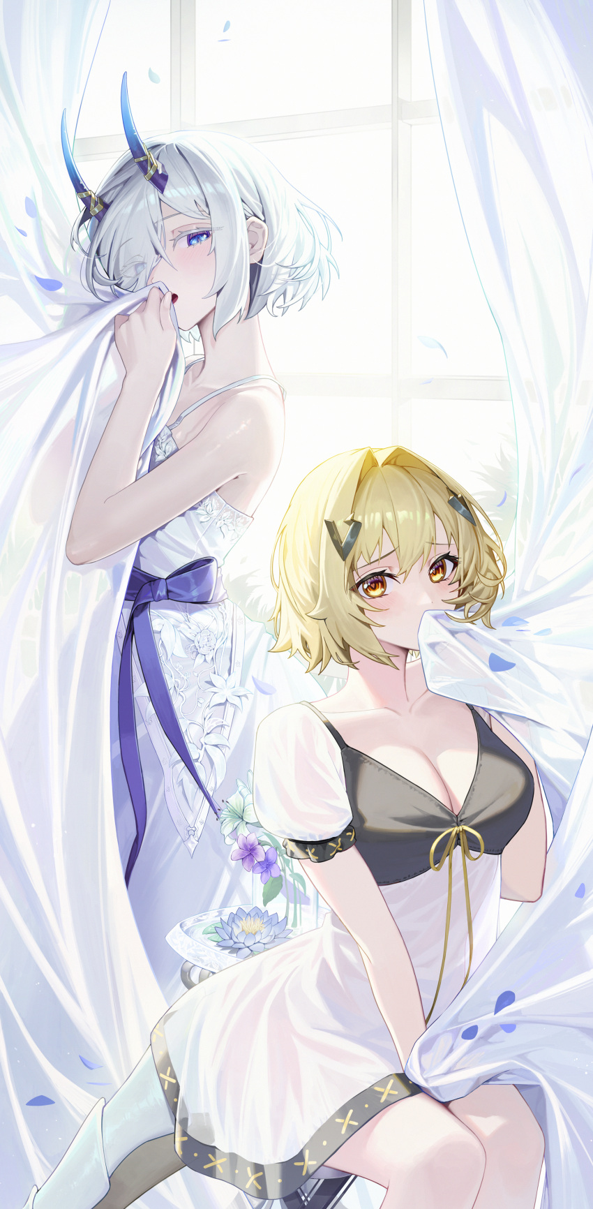 2girls absurdres alchemy_stars bangs blonde_hair blue_eyes breasts cleavage commentary_request dress hair_between_eyes hair_ornament hair_over_one_eye hairclip half-closed_eyes highres horns jane_(alchemy_stars) large_breasts looking_at_viewer medium_hair mincho multiple_girls ribbon shiny shiny_hair short_dress short_hair short_sleeves silver_hair simple_background sitting standing vice_(alchemy_stars) white_background white_dress yellow_eyes yellow_ribbon