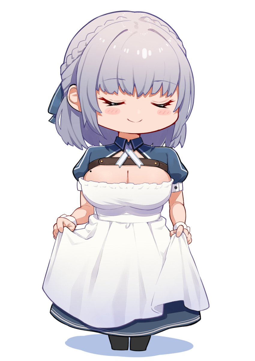 1girl alternate_costume apron apron_hold black_legwear blush blush_stickers braid breasts cleavage closed_eyes crown_braid dress enmaided facing_viewer full_body grey_hair highres hololive large_breasts long_dress maid maid_apron medium_hair mikan_(chipstar182) mole mole_on_breast pantyhose puffy_short_sleeves puffy_sleeves shirogane_noel short_sleeves shrug_(clothing) simple_background smile solo standing virtual_youtuber white_apron white_background wrist_cuffs