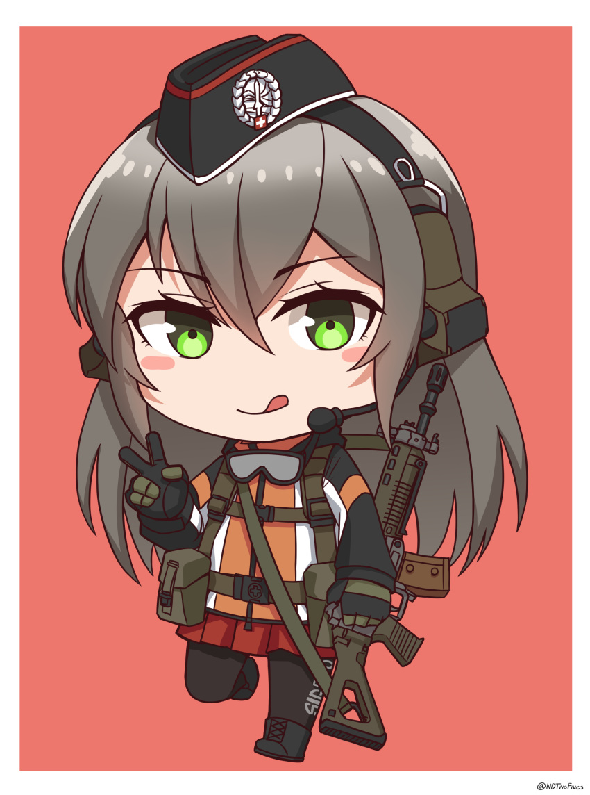 1girl :q absurdres assault_rifle bangs black_footwear black_gloves black_headwear black_legwear blush_stickers boots brown_background chibi closed_mouth commentary_request cross-laced_footwear ear_protection eyebrows_visible_through_hair full_body garrison_cap girls'_frontline gloves goggles goggles_around_neck green_eyes grey_hair gun hair_between_eyes hand_up hat highres holding holding_gun holding_weapon jacket lace-up_boots long_hair long_sleeves looking_at_viewer ndtwofives object_namesake pantyhose pleated_skirt red_skirt rifle sig_500_(girls'_frontline)_(ndtwofives) sig_550 sig_sauer simple_background skirt smile solo standing tongue tongue_out v very_long_hair weapon