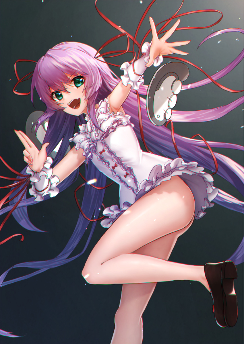 1girl al_azif aqua_eyes demonbane detached_wings dress fingernails frilled_dress frills hair_ribbon highres leg_up long_hair mogurii purple_hair ribbon thighs white_dress wings wrist_cuffs