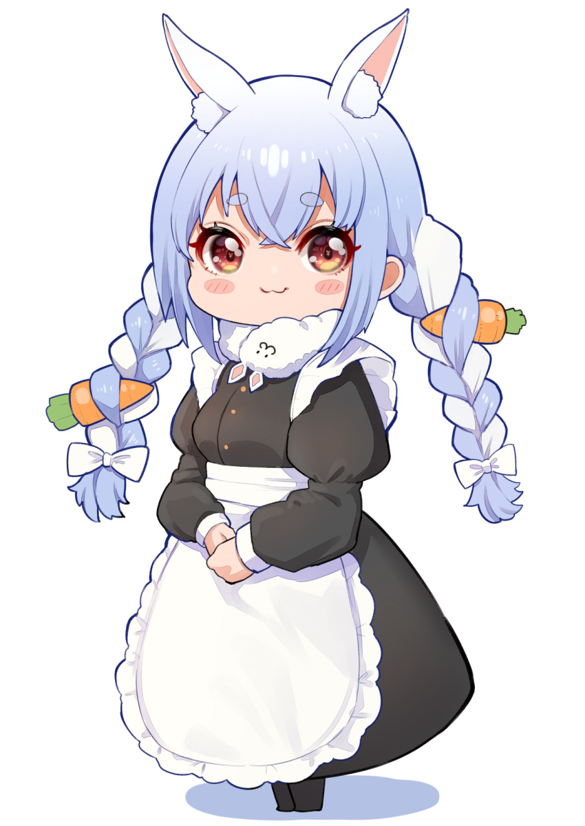 1girl alternate_costume animal_ears apron black_dress black_legwear blue_hair blush blush_stickers braid bunny-shaped_pupils carrot_hair_ornament don-chan_(usada_pekora) dress enmaided food-themed_hair_ornament full_body hair_ornament highres hololive juliet_sleeves long_dress long_hair long_sleeves looking_at_viewer maid maid_apron mikan_(chipstar182) multicolored_hair own_hands_together pantyhose puffy_sleeves rabbit_ears red_eyes simple_background smile solo standing symbol-shaped_pupils twin_braids two-tone_hair usada_pekora virtual_youtuber white_apron white_background