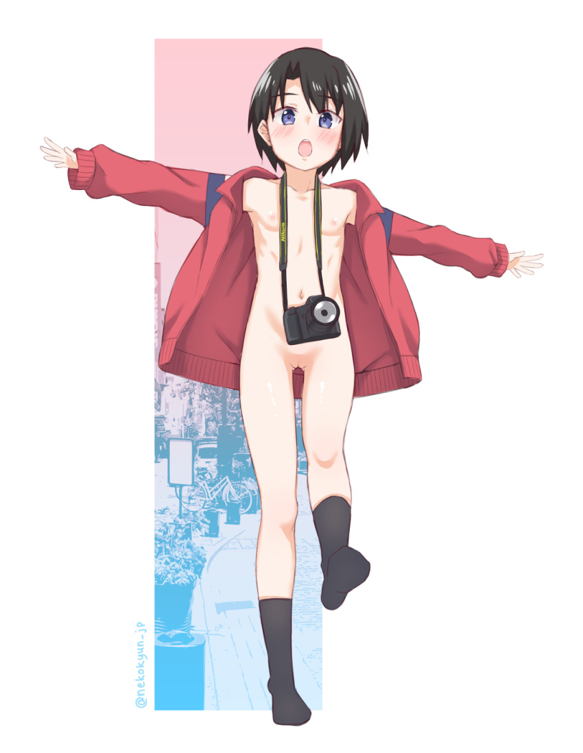 1girl asymmetrical_bangs balancing bangs black_hair black_legwear blue_eyes blush breasts camera camera_around_neck collarbone commentary_request english_commentary flat_chest highres jacket koe_no_katachi long_sleeves looking_at_viewer mixed-language_commentary naked_jacket navel nekokyun nikon_(company) nipples nishimiya_yuzuru nude open_mouth outstretched_arms parted_bangs photo_background pussy red_jacket short_hair small_breasts socks solo spread_arms teeth twitter_username upper_teeth white_background